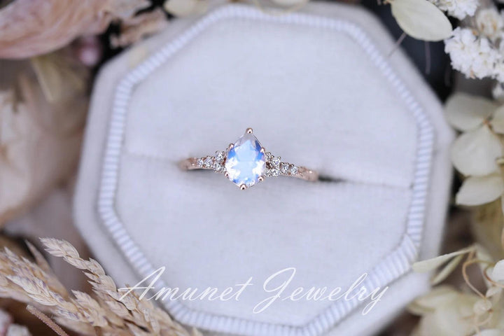 Moonstone diamond ring, engagement ring, leaf design ring, unique ring, moonstone ring - Amunet Jewelry