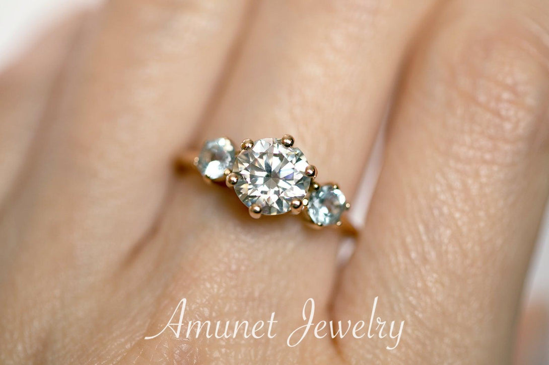 Moissanite three stone ring, three stone cluster ring, engagement ring, aquamarine engagement ring. - Amunet Jewelry