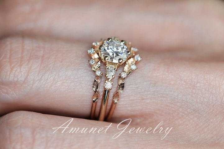 Beautiful curved leaf ring, diamond band, wedding band, woman diamond ring, unique engagement ring, leaf ring. - Amunet Jewelry