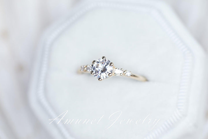 Engagement ring Charles & Colvard forever one moissanite, cluster ring, diamond ring, diamond engagement ring. - Amunet Jewelry