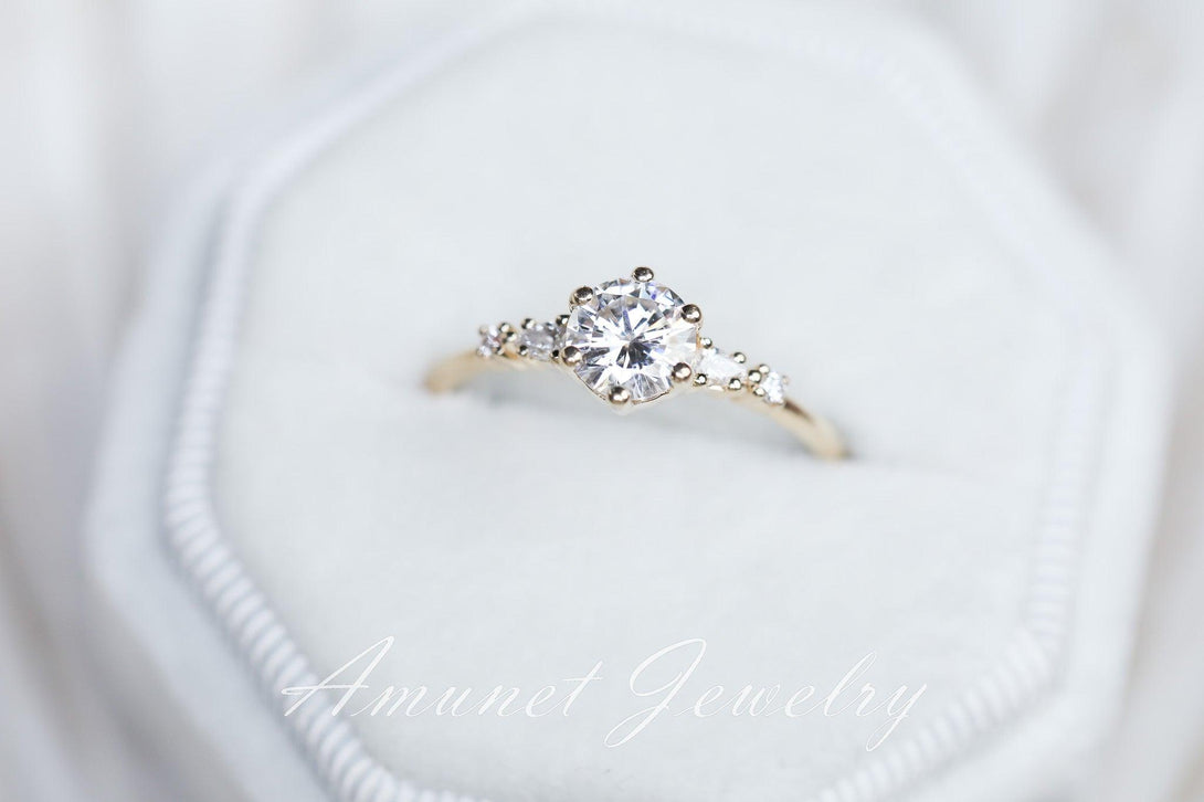 Engagement ring Charles & Colvard forever one moissanite, cluster ring, diamond ring, diamond engagement ring. - Amunet Jewelry