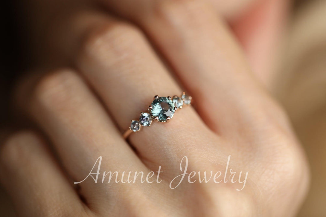 Montana Sapphire ring,sapphire engagement ring,steely blue sapphire cluster ring,unique ring. - Amunet Jewelry