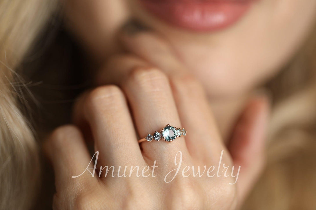 Montana Sapphire ring,sapphire engagement ring,steely blue sapphire cluster ring,unique ring. - Amunet Jewelry