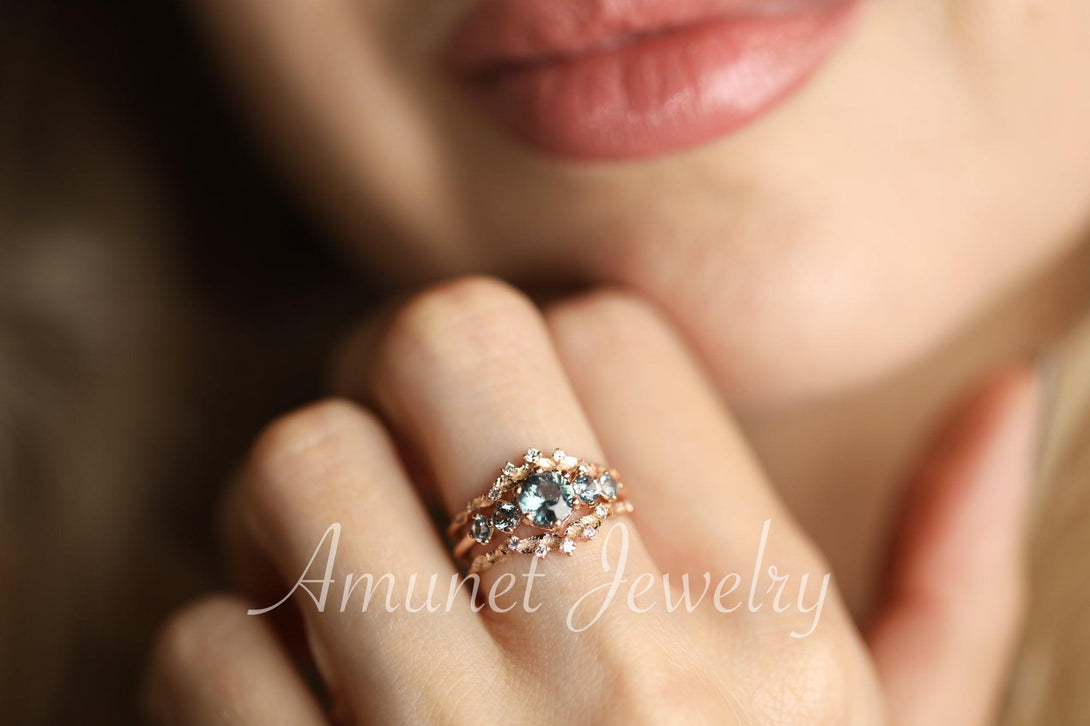 Montana Sapphire ring,sapphire engagement ring,steely blue sapphire cluster ring,unique ring. - Amunet Jewelry