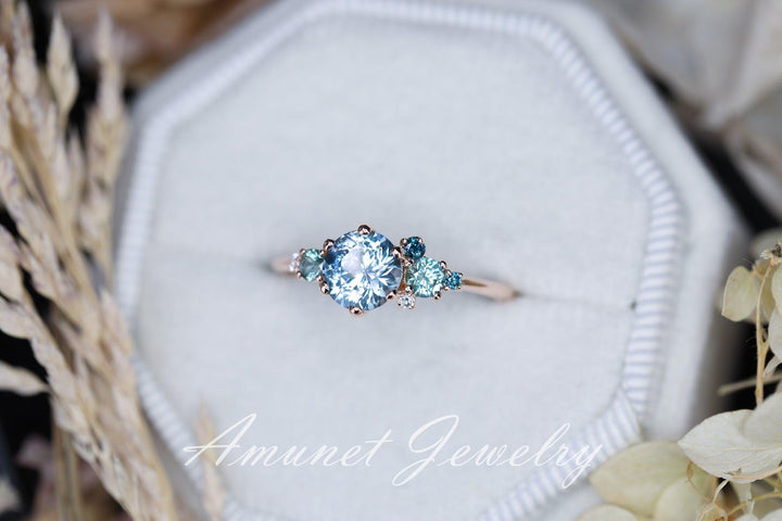 Teal sapphire ring, montana sapphire ring, round sapphire engagement ring. - Amunet Jewelry