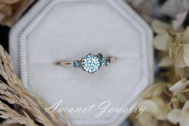 Teal sapphire ring, montana sapphire ring, round sapphire engagement ring. - Amunet Jewelry