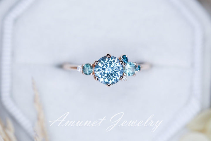 Teal sapphire ring, montana sapphire ring, round sapphire engagement ring. - Amunet Jewelry