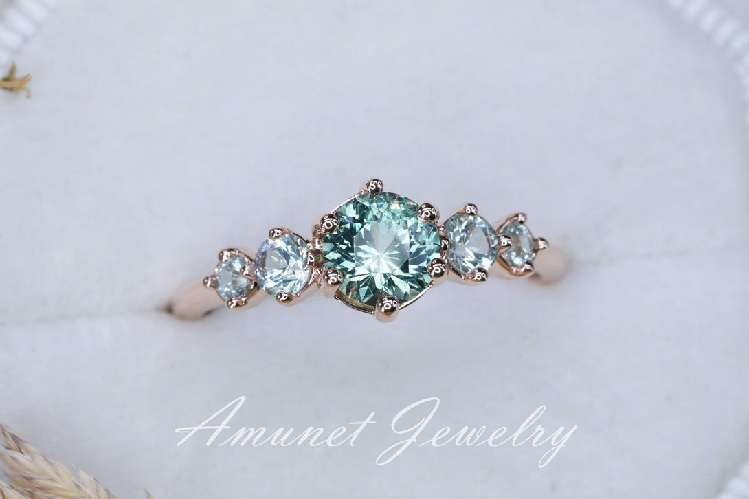 Green sapphire ring,montana sapphire engagement ring, sapphire cluster ring,unique ring. - Amunet Jewelry