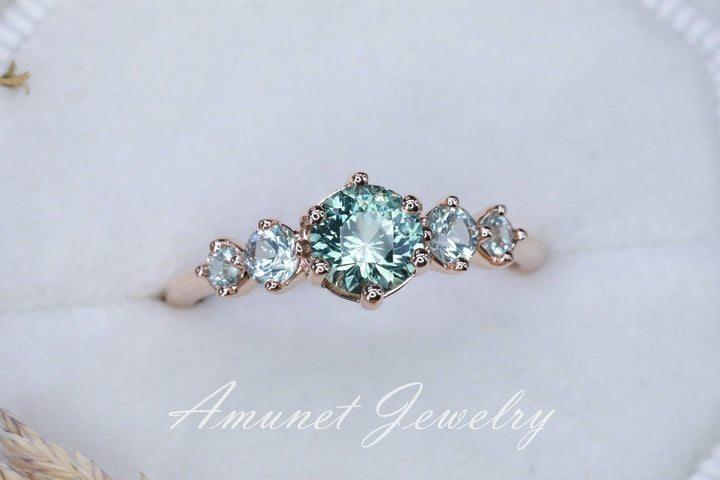 Green sapphire ring,montana sapphire engagement ring, sapphire cluster ring,unique ring. - Amunet Jewelry