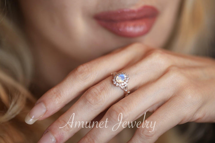 Rainbow moonstone ring, oval moonstone engagement ring, moonstone halo ring,leaf ring. - Amunet Jewelry