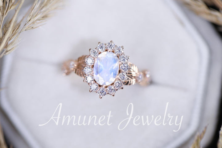 Rainbow moonstone ring, oval moonstone engagement ring, moonstone halo ring,leaf ring. - Amunet Jewelry
