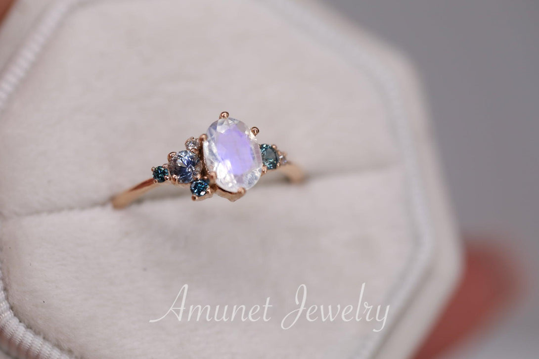 Oval moonstone engagement ring, montana sapphire, blue and white diamonds, cluster ring, unique engagement ring - Amunet Jewelry