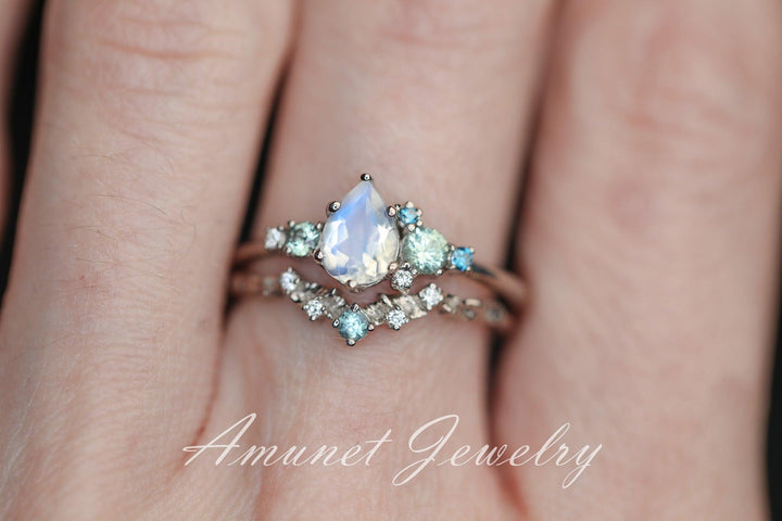 Moonstone engagement ring, rainbow moonstone,montana sapphire ring,pear moonstone cluster ring, unique engagement ring. - Amunet Jewelry