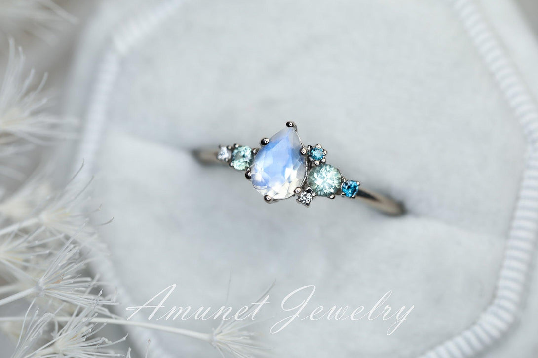 Moonstone engagement ring, rainbow moonstone,montana sapphire ring,pear moonstone cluster ring, unique engagement ring. - Amunet Jewelry