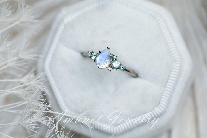 Moonstone engagement ring, rainbow moonstone,montana sapphire ring,pear moonstone cluster ring, unique engagement ring. - Amunet Jewelry