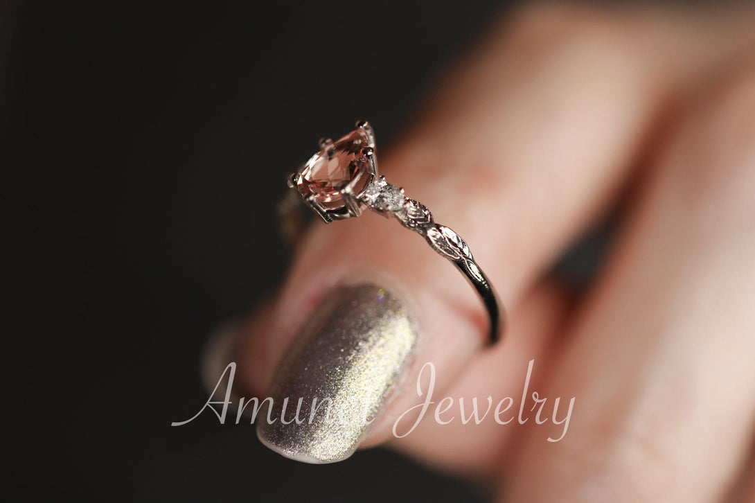 Peach sapphire engagement ring, pear sapphire, leaf engagement ring, chatham sapphire ring, unique engagement ring - Amunet Jewelry