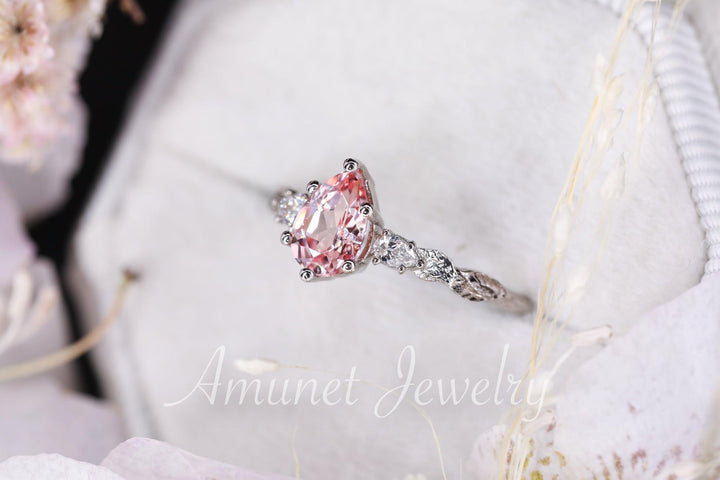 Peach sapphire engagement ring, pear sapphire, leaf engagement ring, chatham sapphire ring, unique engagement ring - Amunet Jewelry