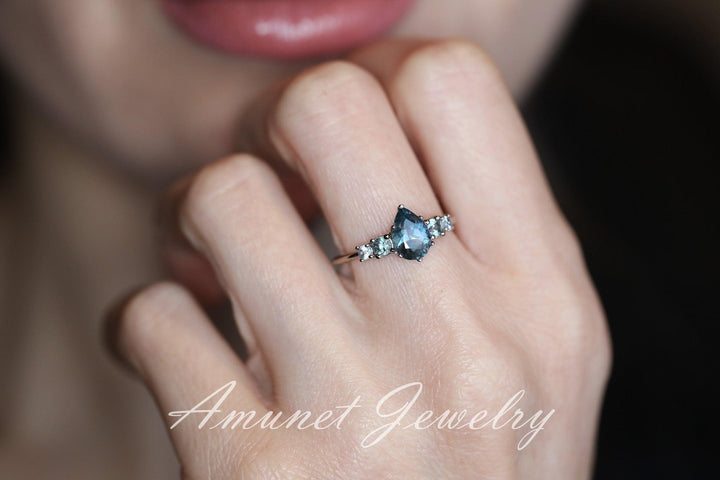 Green sapphire ring, montana sapphire ring, pear sapphire ring, engagement ring - Amunet Jewelry