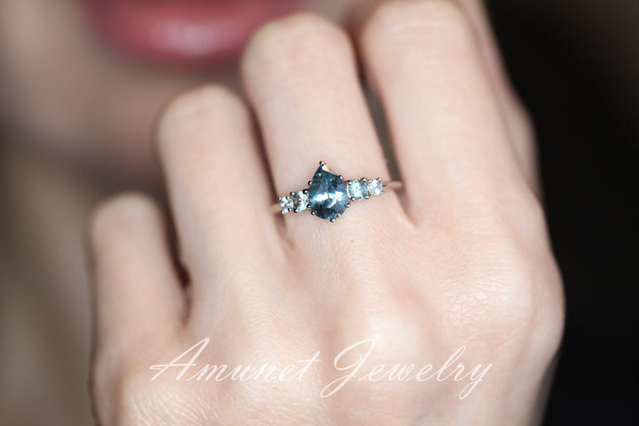 Green sapphire ring, montana sapphire ring, pear sapphire ring, engagement ring - Amunet Jewelry