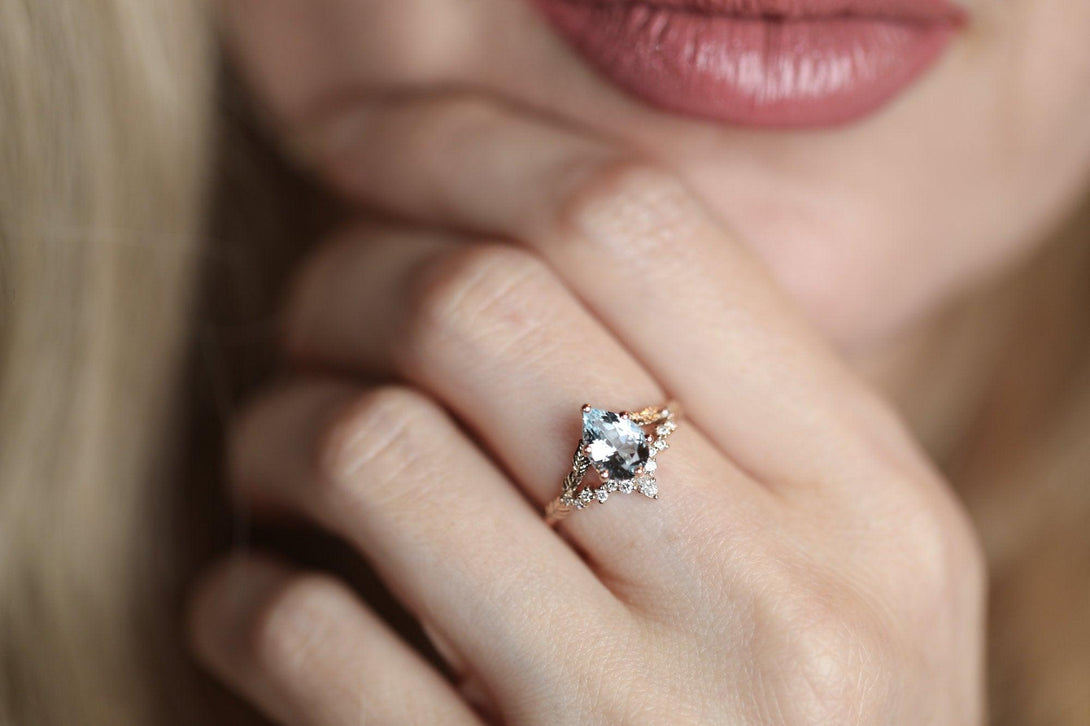 Pear aquamarine engagement ring, aquamarine ring cluster ring, leaf ring,nature inspired ring,aquamarine diamond unique ring. - Amunet Jewelry