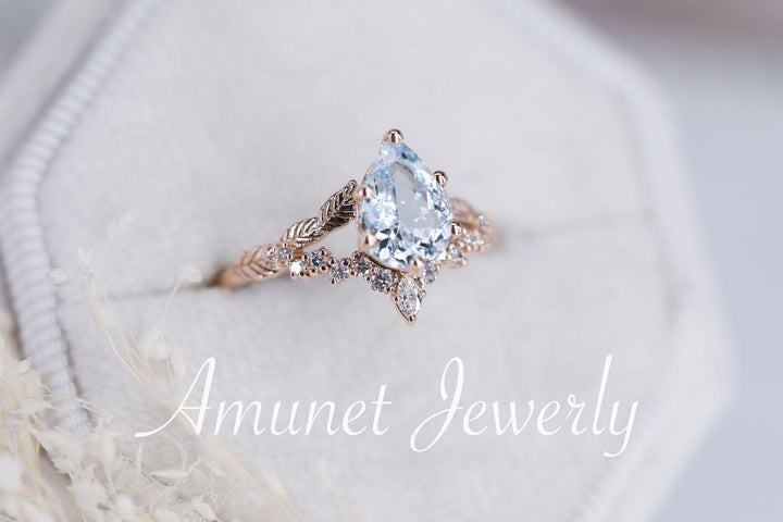 Pear aquamarine engagement ring, aquamarine ring cluster ring, leaf ring,nature inspired ring,aquamarine diamond unique ring. - Amunet Jewelry