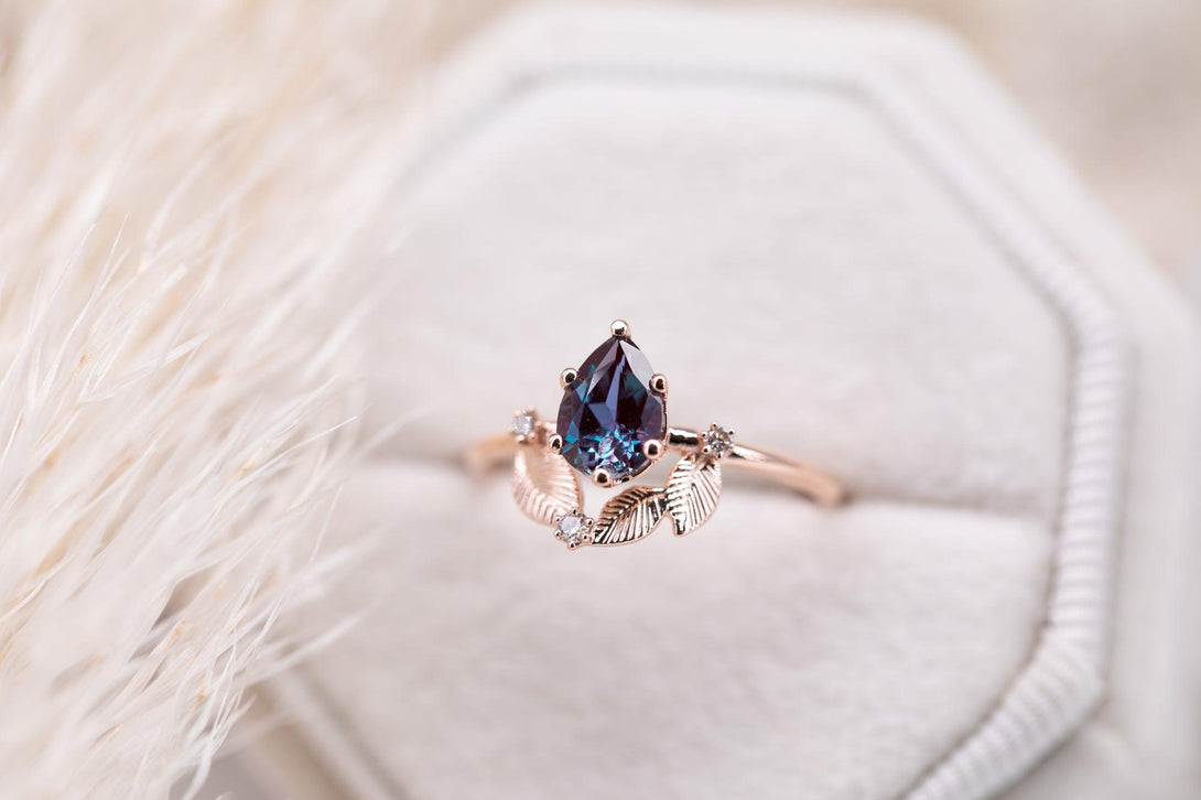 Beautiful engagement ring with pear Chatham alexandrite, diamonds cluster ring, unique ring. - Amunet Jewelry