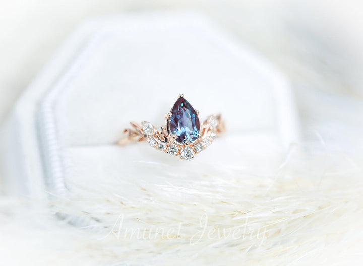 Pear shaped Chatham alexandrite engagement ring, leaf engagement ring, vintage ring, unique engagement ring - Amunet Jewelry