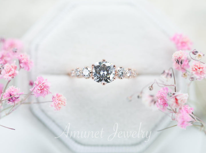 Engagement ring, Charles & Colvard moissanite cushion ring, diamond cluster ring, diamond engagement ring, gold cushion ring - Amunet Jewelry
