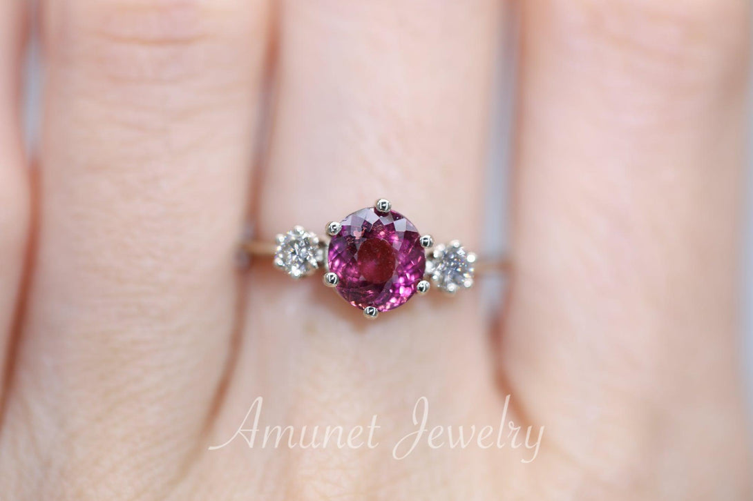 Tourmaline engagement ring, 3 Stone engagement ring, 14K gold ring, Diamond engagement ring, Rubelite pink tourmaline, Diamond ring - Amunet Jewelry
