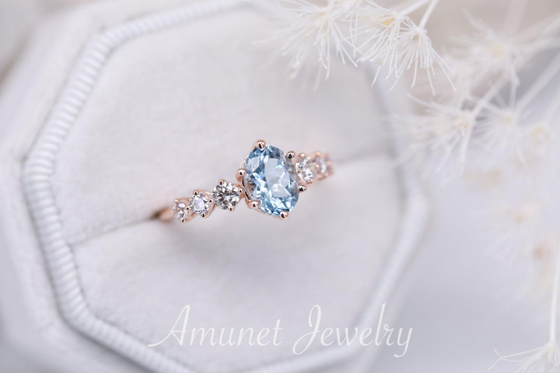 Beautiful oval aquamarine engagement ring with white diamonds, blue aquamarine ring, engagement ring - Amunet Jewelry