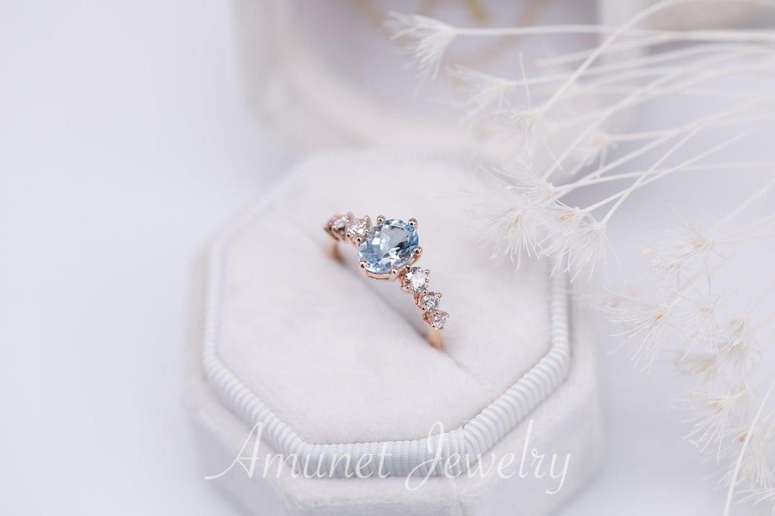 Beautiful oval aquamarine engagement ring with white diamonds, blue aquamarine ring, engagement ring - Amunet Jewelry