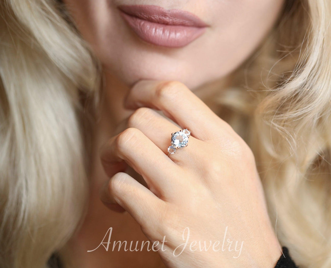 Engagement ring, blue aquamarine and moonstone ring,  , aquamarine engagement ring, cluster ring, three stones ring. - Amunet Jewelry