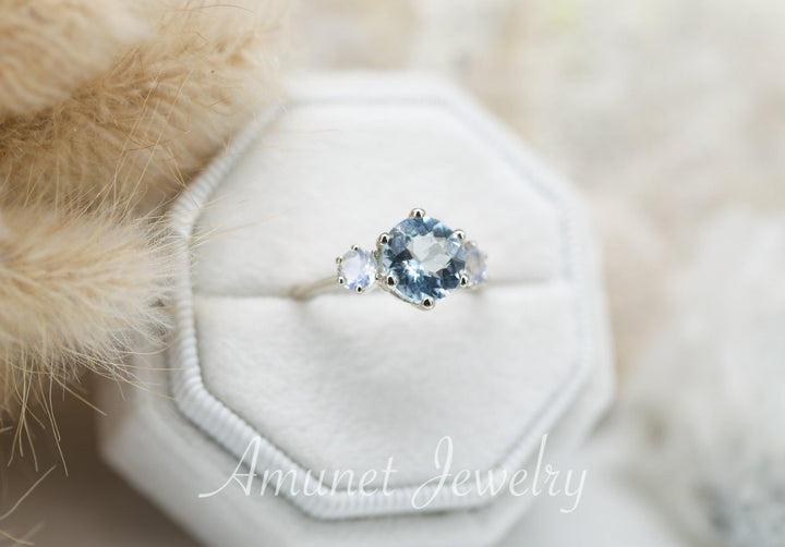 Engagement ring, blue aquamarine and moonstone ring,  , aquamarine engagement ring, cluster ring, three stones ring. - Amunet Jewelry