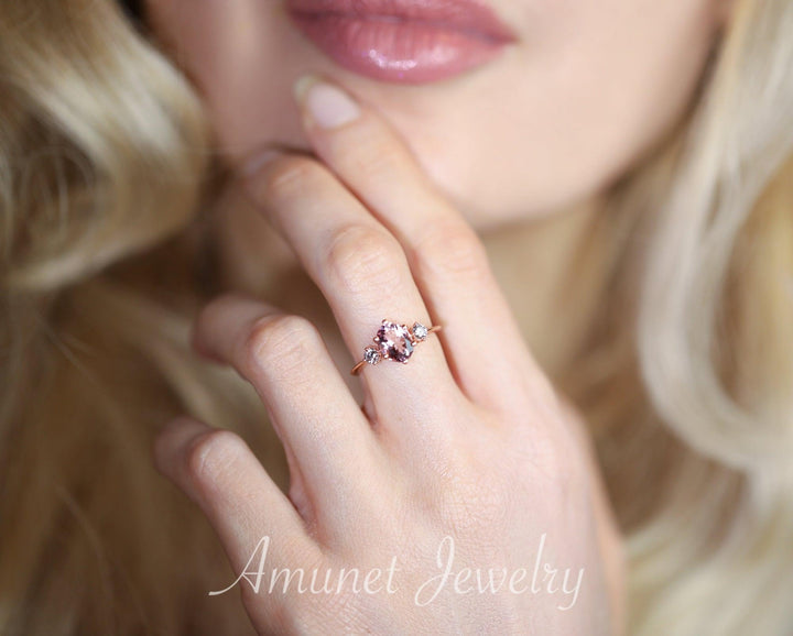 Engagement ring with rose morganite, 14 gold ring,wedding ring, oval morganite ring,tree stone ring,diamond ring. - Amunet Jewelry