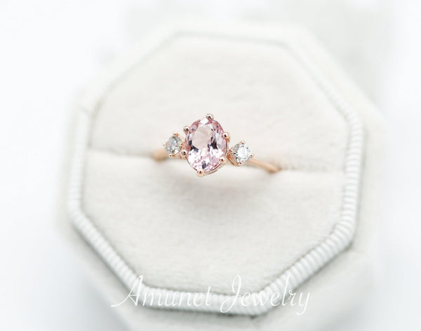 Engagement ring with rose morganite, 14 gold ring,wedding ring, oval morganite ring,tree stone ring,diamond ring. - Amunet Jewelry