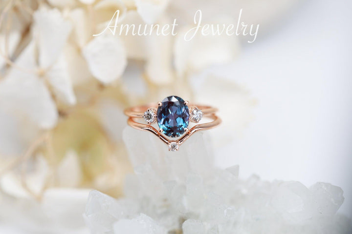 Engagement ring set with Chatham oval shaped alexandrite along with matching band, wedding ring - Amunet Jewelry