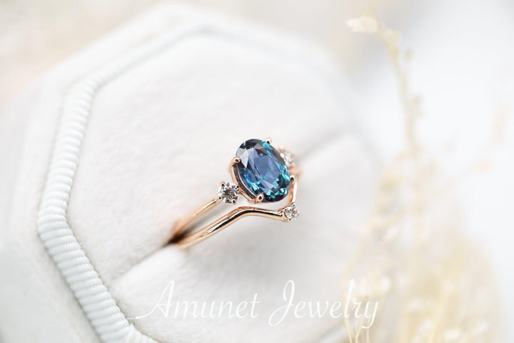 Engagement ring set with Chatham oval shaped alexandrite along with matching band, wedding ring - Amunet Jewelry