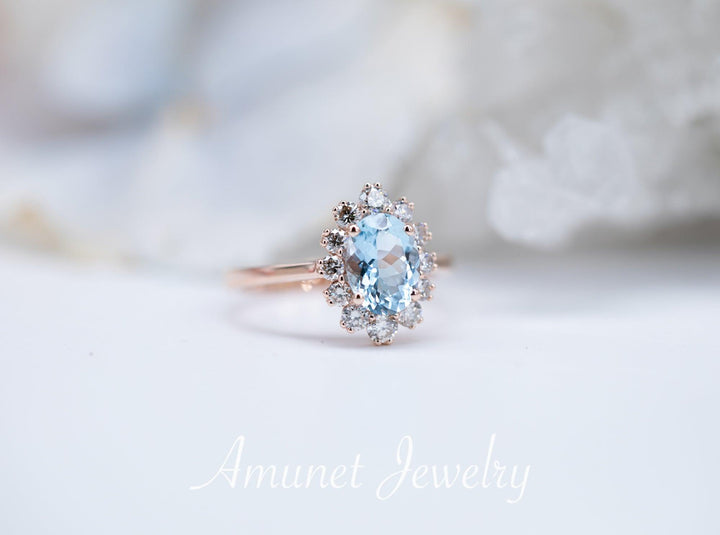 Oval Aquamarine Engagement Ring in Halo of surrounding Diamonds, engagement ring, - Amunet Jewelry