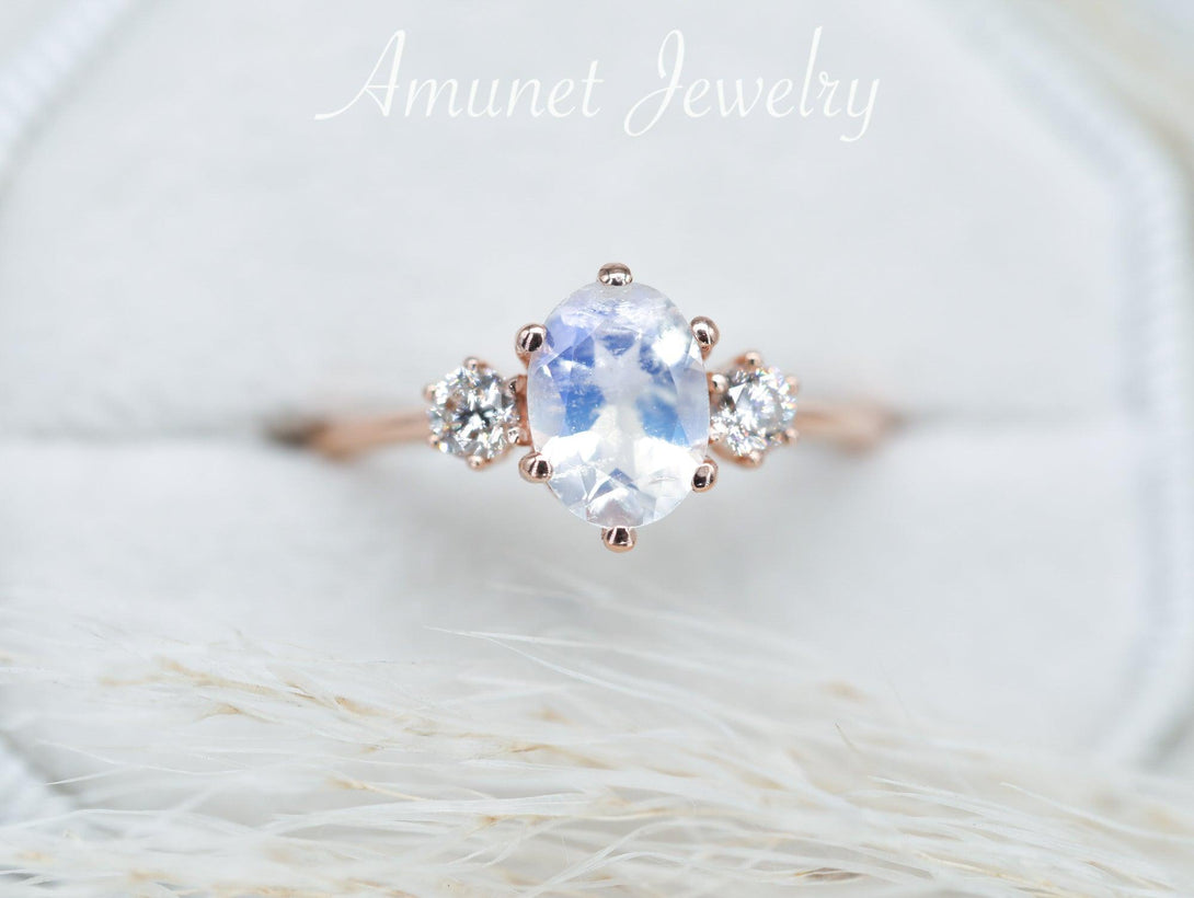 Engagement ring with a beautiful oval Rainbow moonstone with blue sheen - Amunet Jewelry