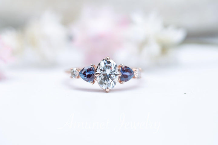 Engagement ring with Charles & Colvard moissanite and Chatham alexandrite - Amunet Jewelry