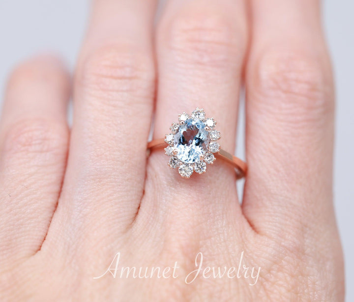 Oval Aquamarine Engagement Ring in Halo of surrounding Diamonds, engagement ring, - Amunet Jewelry