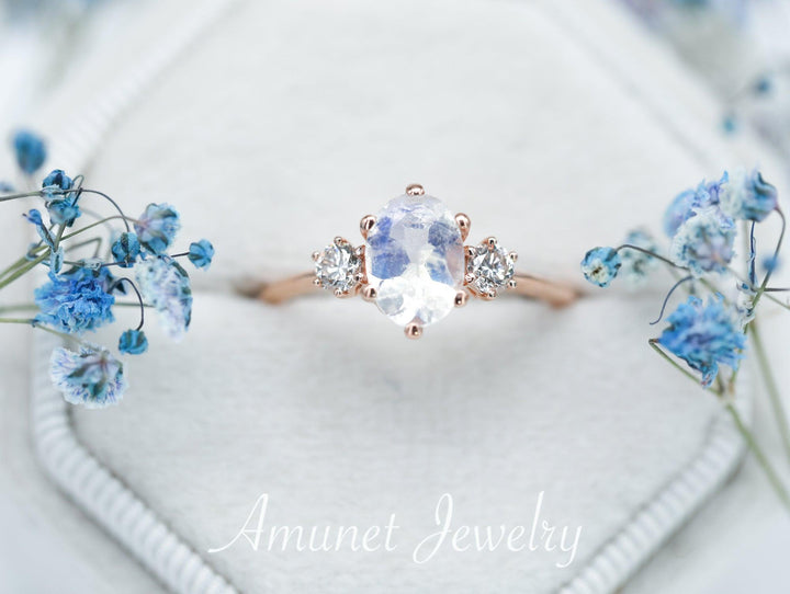 Engagement ring with a beautiful oval Rainbow moonstone with blue sheen - Amunet Jewelry