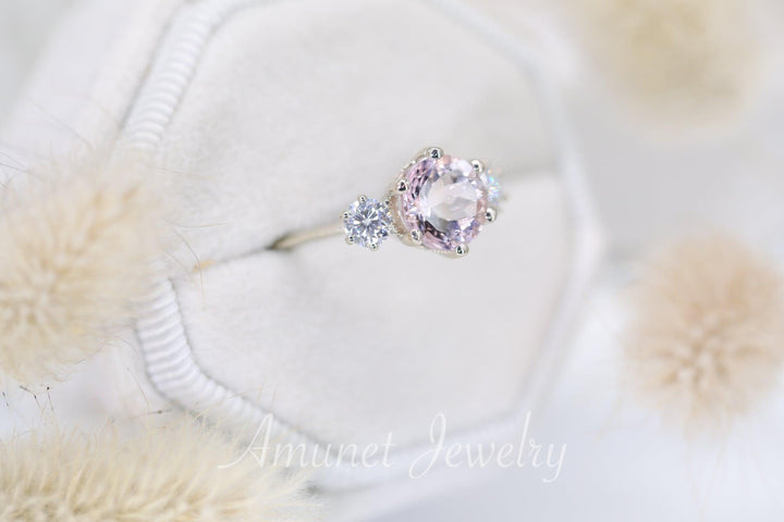Engagement ring with rose morganite, Three stones ring, diamond ring, Wedding ring - Amunet Jewelry
