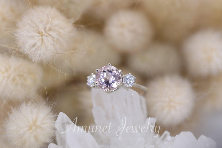 Engagement ring with rose morganite, Three stones ring, diamond ring, Wedding ring - Amunet Jewelry