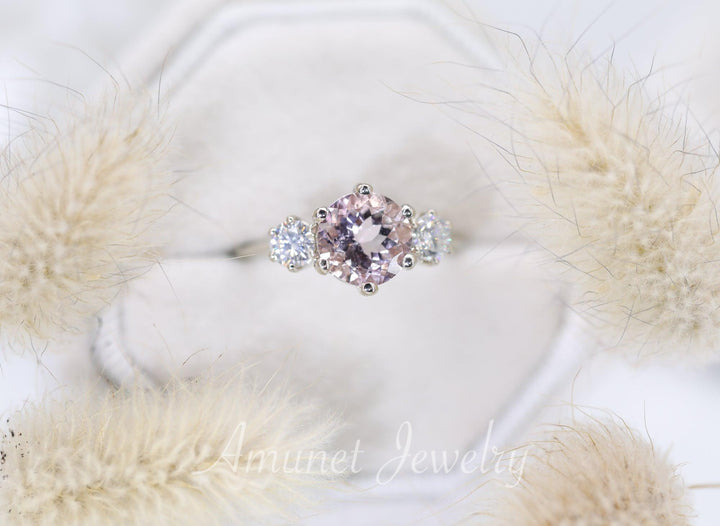 Engagement ring with rose morganite, Three stones ring, diamond ring, Wedding ring - Amunet Jewelry