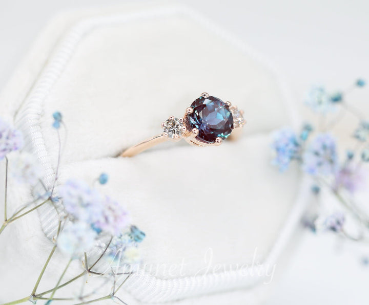 Engagement ring with round Chatham alexandrite, VS clarity white diamonds, three stone ring. - Amunet Jewelry