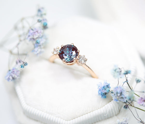 Engagement ring with round Chatham alexandrite, VS clarity white diamonds, three stone ring. - Amunet Jewelry