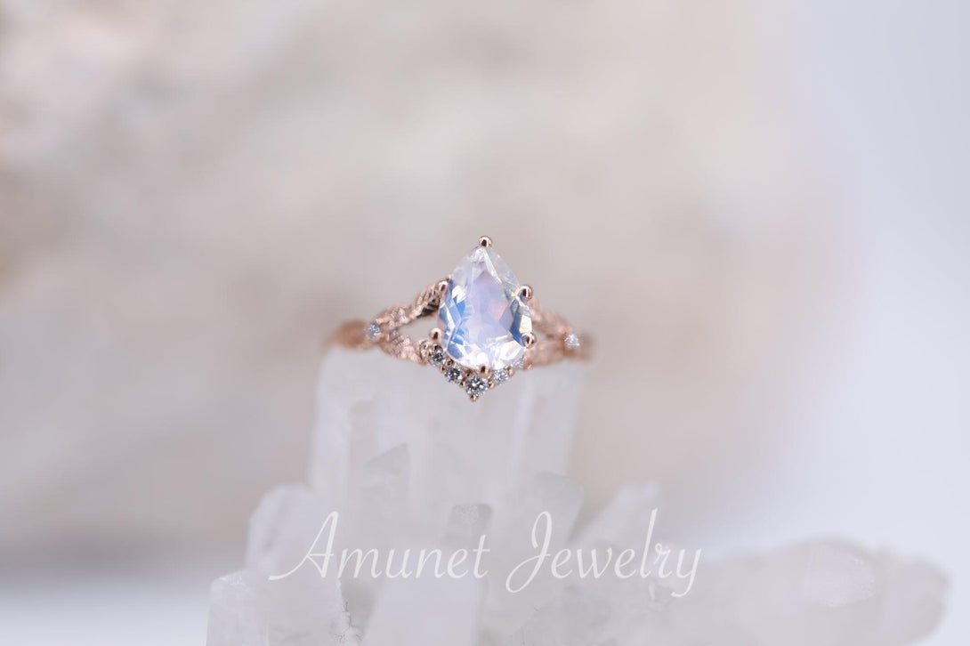 Pear moonstone engagement ring,  ,cluster ring, leaf ring,nature inspired ring,unique engagement ring - Amunet Jewelry