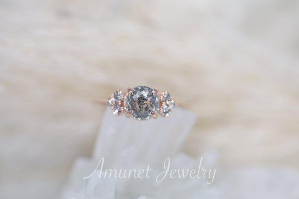 Round salt and pepper diamond ring, cluster ring, engagement ring, grey diamond ring, salt and pepper diamond, 14k gold ring - Amunet Jewelry