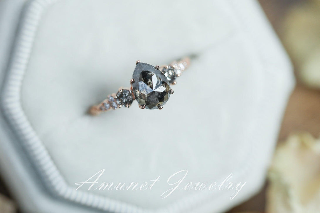 Salt and pepper diamond ring, engagement ring, leaf design ring, unique ring. - Amunet Jewelry